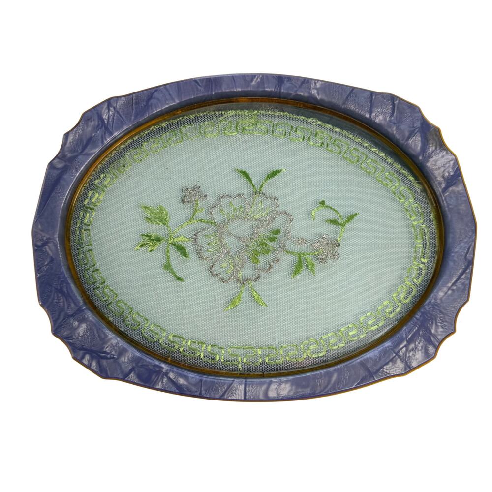 Vintage Lavender Vanity Dresser Tray Embroidered Lace Floral Oval Boudoir Decor